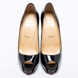 Pre Owned Christian Louboutin Black Patent Leather Very Prive Peep-Toe Pumps Size 38.5