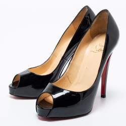 Pre Owned Christian Louboutin Black Patent Leather Very Prive Peep-Toe Pumps Size 38.5
