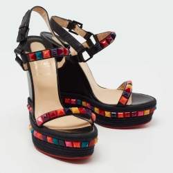 Pre Owned Christian Louboutin Black Leather Cataclou Ankle Strap Espadrille Wedge Sandals Size 39
