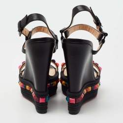 Pre Owned Christian Louboutin Black Leather Cataclou Ankle Strap Espadrille Wedge Sandals Size 39