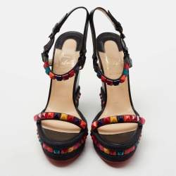 Pre Owned Christian Louboutin Black Leather Cataclou Ankle Strap Espadrille Wedge Sandals Size 39
