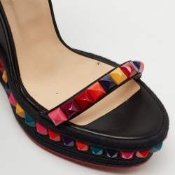 Pre Owned Christian Louboutin Black Leather Cataclou Ankle Strap Espadrille Wedge Sandals Size 39