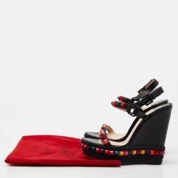 Pre Owned Christian Louboutin Black Leather Cataclou Ankle Strap Espadrille Wedge Sandals Size 39