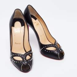Pre Owned Christian Louboutin Black Leather Cagouletta Peep-Toe Pumps Size 38
