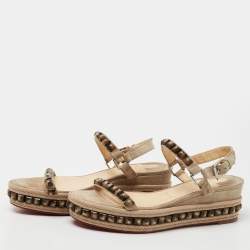 Pre Owned Christian Louboutin Beige Suede Cataclou Studded Espadrille Platform Wedge Sandals Size 38