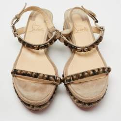 Pre Owned Christian Louboutin Beige Suede Cataclou Studded Espadrille Platform Wedge Sandals Size 38
