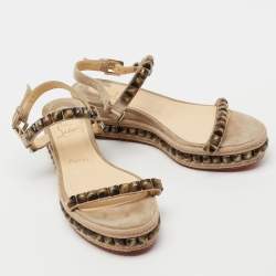 Pre Owned Christian Louboutin Beige Suede Cataclou Studded Espadrille Platform Wedge Sandals Size 38