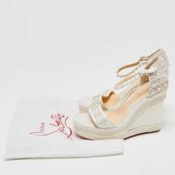 Pre Owned Christian Louboutin Ivory Leather and Woven Fabric Madmonica Spiked Espadrille Wedge Sandals Size 38