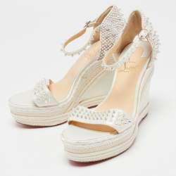 Pre Owned Christian Louboutin Ivory Leather and Woven Fabric Madmonica Spiked Espadrille Wedge Sandals Size 38