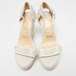 Pre Owned Christian Louboutin Ivory Leather and Woven Fabric Madmonica Spiked Espadrille Wedge Sandals Size 38