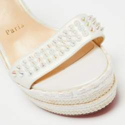 Pre Owned Christian Louboutin Ivory Leather and Woven Fabric Madmonica Spiked Espadrille Wedge Sandals Size 38