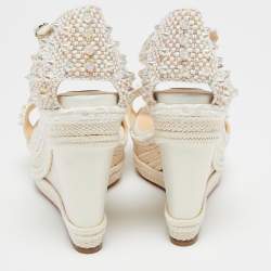 Pre Owned Christian Louboutin Ivory Leather and Woven Fabric Madmonica Spiked Espadrille Wedge Sandals Size 38