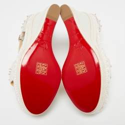 Pre Owned Christian Louboutin Ivory Leather and Woven Fabric Madmonica Spiked Espadrille Wedge Sandals Size 38