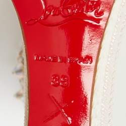 Pre Owned Christian Louboutin Ivory Leather and Woven Fabric Madmonica Spiked Espadrille Wedge Sandals Size 38