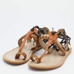 Pre Owned Christian Louboutin Multicolor Leather And Calf Hair Hola Chica Toe Ring Flat Sandals Size 37