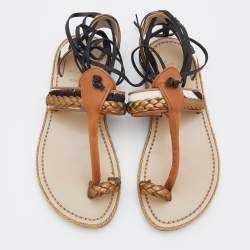 Pre Owned Christian Louboutin Multicolor Leather And Calf Hair Hola Chica Toe Ring Flat Sandals Size 37