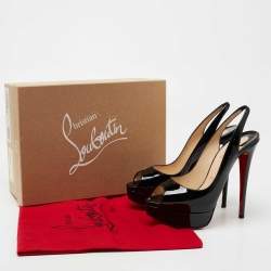 Pre Owned Christian Louboutin Black Patent Leather Lady Peep-Toe Platform Slingback Sandals Size 38