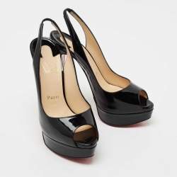 Pre Owned Christian Louboutin Black Patent Leather Lady Peep-Toe Platform Slingback Sandals Size 38
