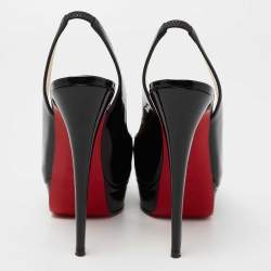Pre Owned Christian Louboutin Black Patent Leather Lady Peep-Toe Platform Slingback Sandals Size 38