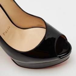 Pre Owned Christian Louboutin Black Patent Leather Lady Peep-Toe Platform Slingback Sandals Size 38