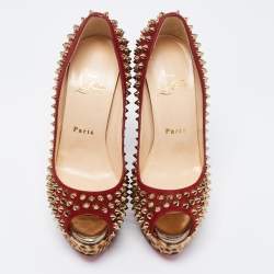 Christian Louboutin Beige/Maroon Leopard Print Calfhair and Suede Lady Peep Spikes Pumps Size 36