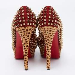 Christian Louboutin Beige/Maroon Leopard Print Calfhair and Suede Lady Peep Spikes Pumps Size 36