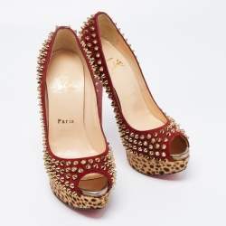 Christian Louboutin Beige/Maroon Leopard Print Calfhair and Suede Lady Peep Spikes Pumps Size 36