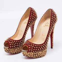 Christian Louboutin Beige/Maroon Leopard Print Calfhair and Suede Lady Peep Spikes Pumps Size 36