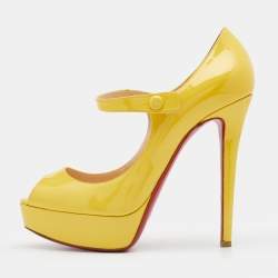 Pre Owned Christian Louboutin Yellow Leather Zeppa Mary Jane Peep Top Platform Pumps Size 38.5