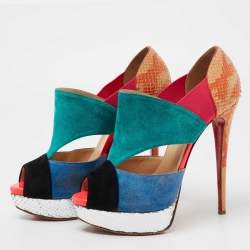 مملوكة مسبقًا Christian Louboutin Multicolor Suede and Python Leather Pitou Cut Out Platform Pumps Size 40