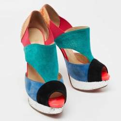 مملوكة مسبقًا Christian Louboutin Multicolor Suede and Python Leather Pitou Cut Out Platform Pumps Size 40