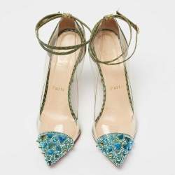 Pre Owned Christian Louboutin Green/Blue Snakeskin Leather and PVC Just Picks Spike Ankle Strap Pumps Size 37