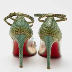 Pre Owned Christian Louboutin Green/Blue Snakeskin Leather and PVC Just Picks Spike Ankle Strap Pumps Size 37
