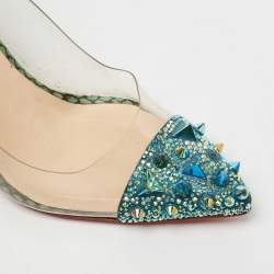 Pre Owned Christian Louboutin Green/Blue Snakeskin Leather and PVC Just Picks Spike Ankle Strap Pumps Size 37