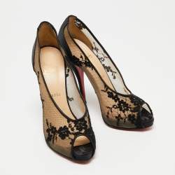Christian Louboutin Black Lace and Satin Fetilo Peep-Toe Pumps Size 38