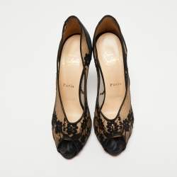 Christian Louboutin Black Lace and Satin Fetilo Peep-Toe Pumps Size 38