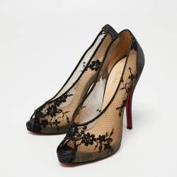 Christian Louboutin Black Lace and Satin Fetilo Peep-Toe Pumps Size 38