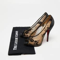 Christian Louboutin Black Lace and Satin Fetilo Peep-Toe Pumps Size 38