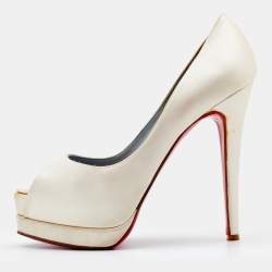 Christian Louboutin Off-White Satin Palais Royal Peep Toe Platform Pumps Size 37.5