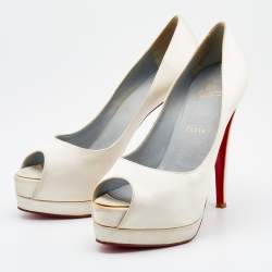 Christian Louboutin Off-White Satin Palais Royal Peep Toe Platform Pumps Size 37.5