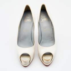 Christian Louboutin Off-White Satin Palais Royal Peep Toe Platform Pumps Size 37.5