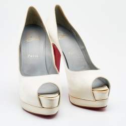 Christian Louboutin Off-White Satin Palais Royal Peep Toe Platform Pumps Size 37.5