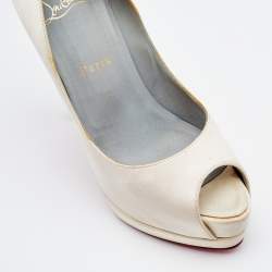 Christian Louboutin Off-White Satin Palais Royal Peep Toe Platform Pumps Size 37.5