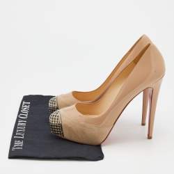 Pre Owned Christian Louboutin Beige Suede and Patent Leather Maggie Embellished Cap Toe Platform Pumps Size 39.5