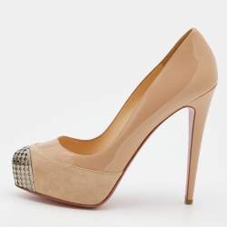 Pre Owned Christian Louboutin Beige Suede and Patent Leather Maggie Embellished Cap Toe Platform Pumps Size 39.5