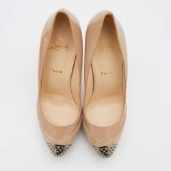 Pre Owned Christian Louboutin Beige Suede and Patent Leather Maggie Embellished Cap Toe Platform Pumps Size 39.5