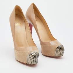 Pre Owned Christian Louboutin Beige Suede and Patent Leather Maggie Embellished Cap Toe Platform Pumps Size 39.5