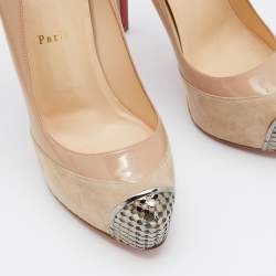 Pre Owned Christian Louboutin Beige Suede and Patent Leather Maggie Embellished Cap Toe Platform Pumps Size 39.5
