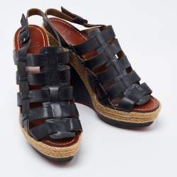 Pre Owned Christian Louboutin Black Leather Barcelona Wedge Sandals Size 40