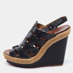 Pre Owned Christian Louboutin Black Leather Barcelona Wedge Sandals Size 40